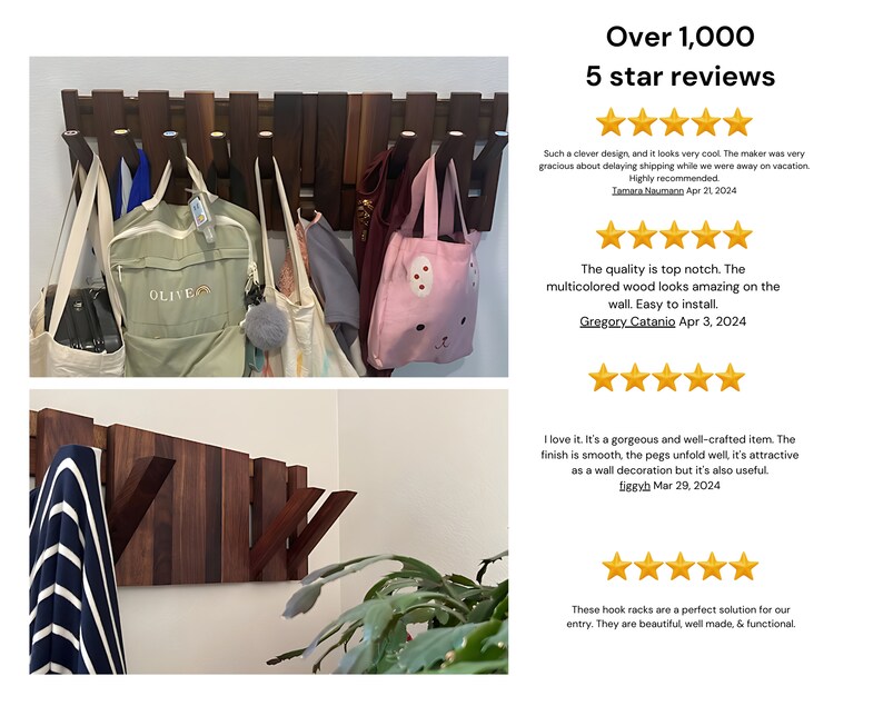 May include: A wooden wall-mounted coat rack with multiple hooks. The rack is made of dark wood with a natural finish. The rack is shown with various items hanging on it, including bags, a jacket, and a towel.