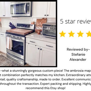 May include: A 5-star review for a bespoke kitchen countertop made from ambrosia maple and walnut wood. The review praises the craftsmanship, attention to detail, and excellent communication throughout the transaction. The reviewer recommends the Etsy shop.