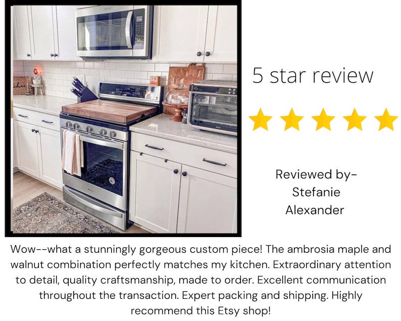 May include: A 5-star review for a bespoke kitchen countertop made from ambrosia maple and walnut wood. The review praises the craftsmanship, attention to detail, and excellent communication throughout the transaction. The reviewer recommends the Etsy shop.