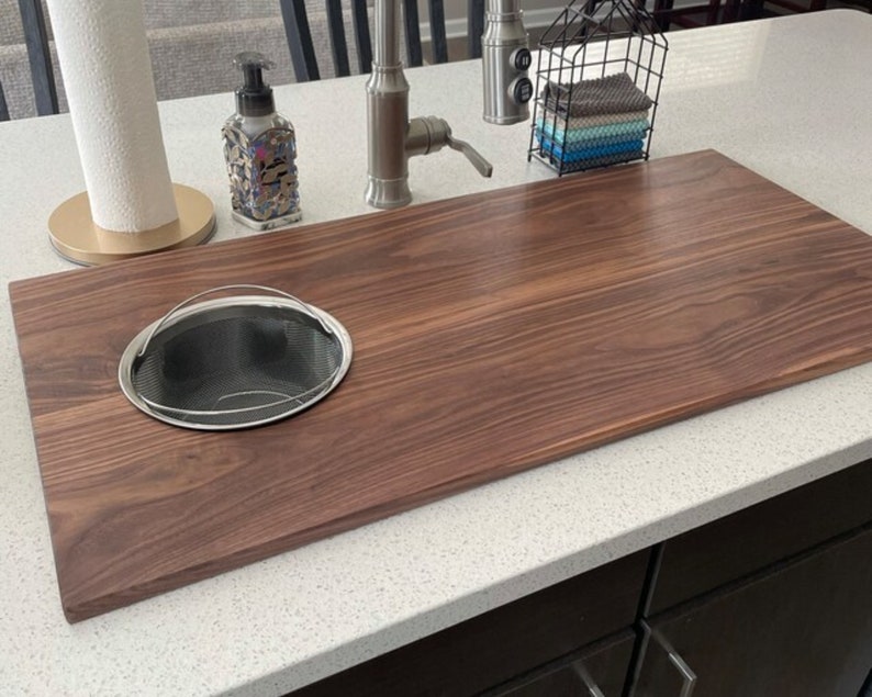 Over-the-Sink Cutting Board w/ Removable Colander Handmade Cutting Board Large Sink Cover Cutting Board for Kitchen Sink Black Walnut