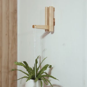 May include: A wooden wall-mounted plant hanger with a natural finish. A green plant is hanging from the hanger.