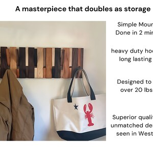 May include: A wooden wall-mounted coat rack with multiple hooks made from different types of wood. The rack is holding a brown jacket and a white tote bag with a red lobster design. The text "Simple Mounting Done in 2 minutes" is visible in the upper right corner of the image. The text "heavy duty hooks for long lasting use" is visible in the middle right corner of the image. The text "Designed to hold over 20 lbs ea." is visible in the lower right corner of the image. The text "Superior quality and unmatched design as seen in West Elm." is visible in the bottom right corner of the image.