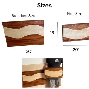 May include: Two wooden cutting boards with a wavy design in light and dark wood. The larger board is 22 inches by 30 inches and the smaller board is 16 inches by 20 inches. The text "Standard Size" and "Kids Size" is above each board.