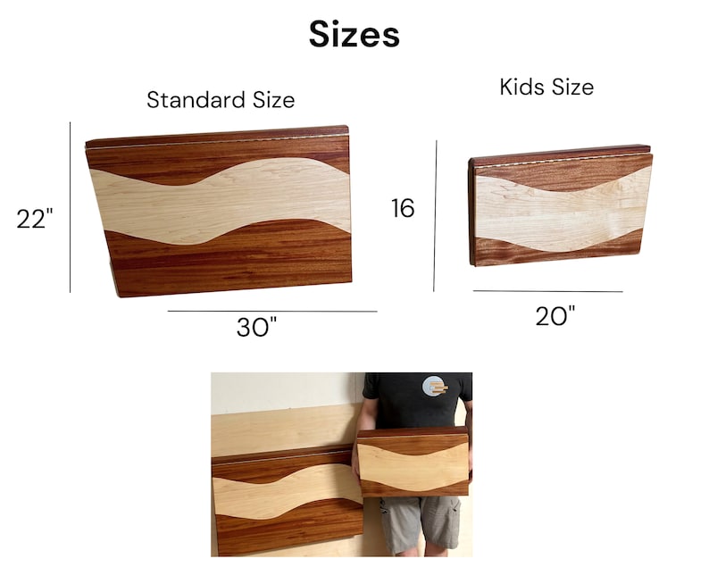 May include: Two wooden cutting boards with a wavy design in light and dark wood. The larger board is 22 inches by 30 inches and the smaller board is 16 inches by 20 inches. The text "Standard Size" and "Kids Size" is above each board.