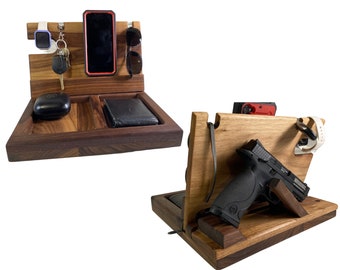 EDC Docking Station w/ Removable Gun Mount | Multifunctional Bedside Organizer | Walnut  Organizer for Every Day Carry Items