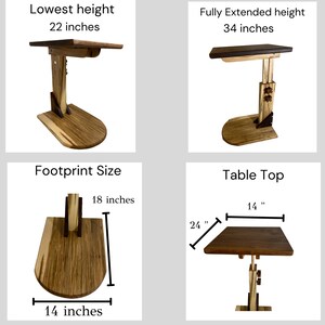 May include: A wooden side table with a rectangular top and a unique adjustable height mechanism. The table can be adjusted to a height of 22 inches or 34 inches. The table top measures 14 inches by 24 inches and the footprint is 14 inches by 18 inches.