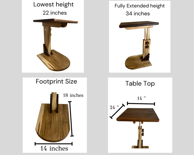 May include: A wooden side table with a rectangular top and a unique adjustable height mechanism. The table can be adjusted to a height of 22 inches or 34 inches. The table top measures 14 inches by 24 inches and the footprint is 14 inches by 18 inches.