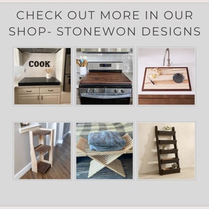 May include: A collection of handcrafted wooden items, including a chopping board, a stovetop cover, a shelf unit, a folding stool, and a ladder shelf. The items are made from various types of wood and feature a natural, rustic aesthetic.