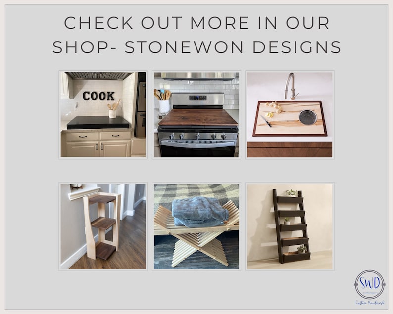 May include: A collection of handcrafted wooden items, including a chopping board, a stovetop cover, a shelf unit, a folding stool, and a ladder shelf. The items are made from various types of wood and feature a natural, rustic aesthetic.
