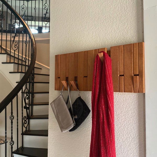 Handmade Wood Piano Coat Rack: Flip Down Wall Hooks