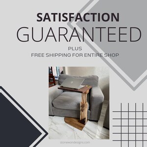 May include: A wooden side table with a laptop on top, sitting next to a gray couch. The table has a unique, rustic design with a natural wood finish. The text "SATISFACTION GUARANTEED PLUS FREE SHIPPING FOR ENTIRE SHOP" is displayed at the top of the image.