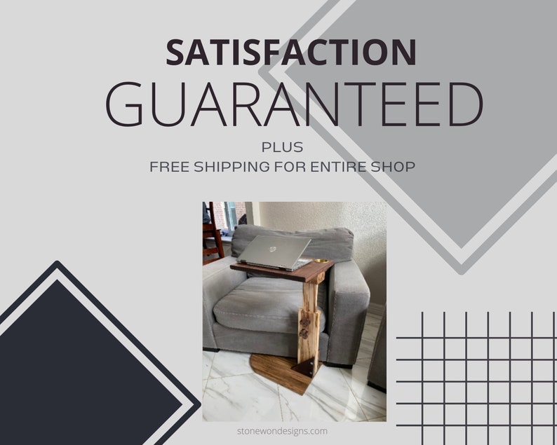 May include: A wooden side table with a laptop on top, sitting next to a gray couch. The table has a unique, rustic design with a natural wood finish. The text "SATISFACTION GUARANTEED PLUS FREE SHIPPING FOR ENTIRE SHOP" is displayed at the top of the image.