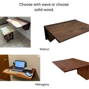 May include: Two wall-mounted folding desks, one with a walnut wood top and the other with a mahogany wood top. The mahogany desk has a wavy edge and the walnut desk has a straight edge. Both desks are closed and folded up against the wall.
