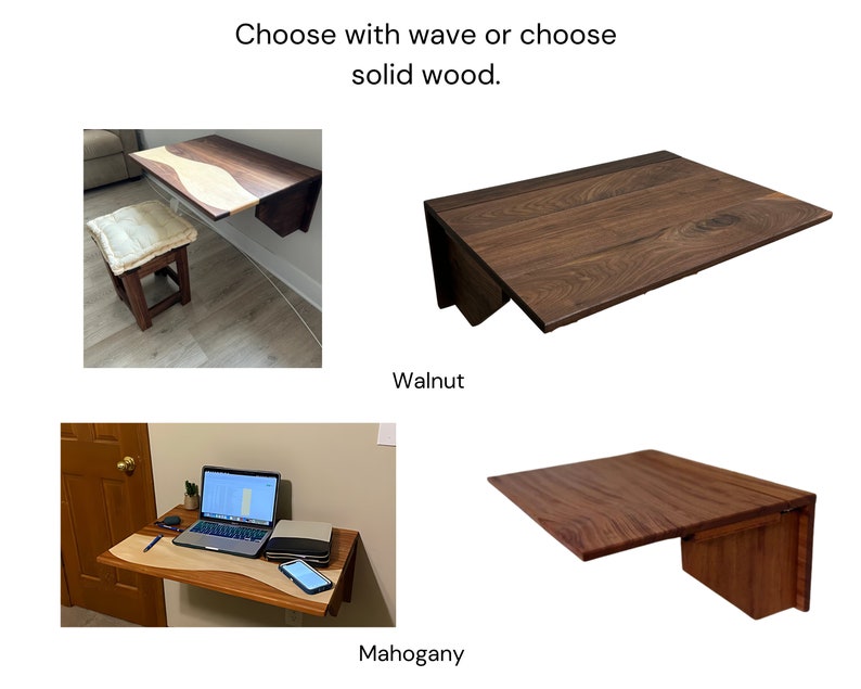 May include: Two wall-mounted folding desks, one with a walnut wood top and the other with a mahogany wood top. The mahogany desk has a wavy edge and the walnut desk has a straight edge. Both desks are closed and folded up against the wall.