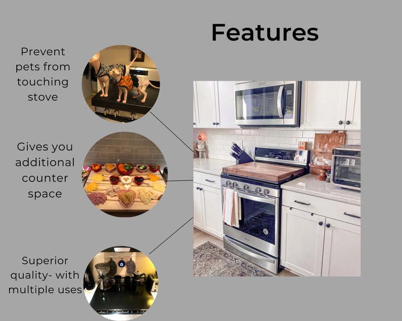 May include: A wooden chopping board sits on top of a stainless steel hob. The chopping board is surrounded by white cabinets and a white tiled splashback. The hob has a black oven door and a black knob. The chopping board is a great way to add extra counter space to your kitchen.