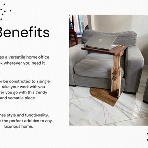 May include: A wooden laptop stand with a side table and a cup holder. The stand is adjustable in height and can be used on a couch or chair. The stand is made of natural wood with a light brown finish.