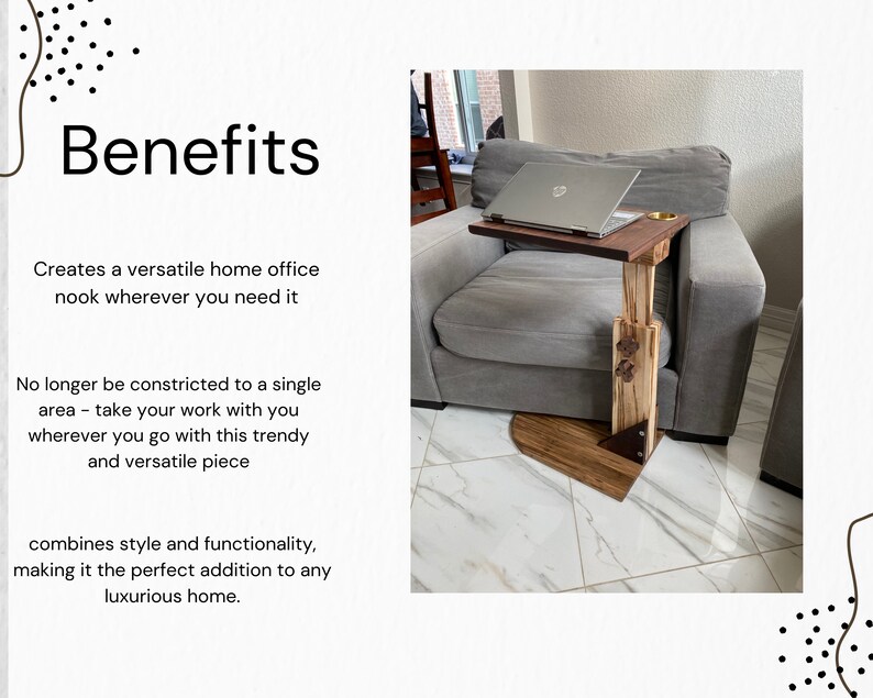 May include: A wooden laptop stand with a side table and a cup holder. The stand is adjustable in height and can be used on a couch or chair. The stand is made of natural wood with a light brown finish.