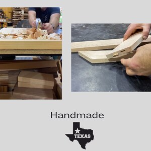 May include: Close-up of a woodworker's hands assembling a wooden frame. The wood is light brown and has a natural grain. The frame is being assembled with a mortise and tenon joint. The image is a close-up of the hands and the wood, and the background is blurred. Handmade in Texas.