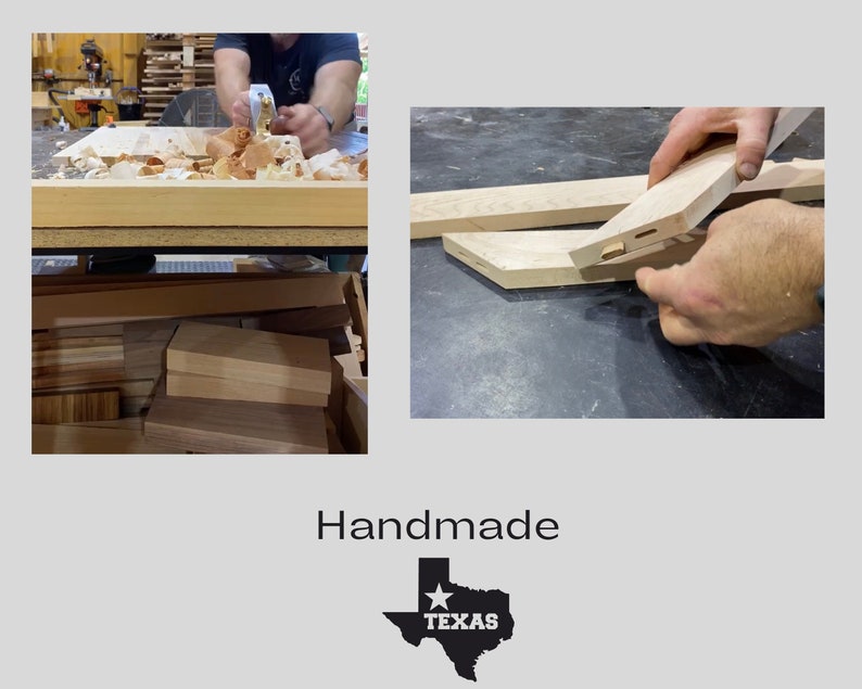 May include: Close-up of a woodworker's hands assembling a wooden frame. The wood is light brown and has a natural grain. The frame is being assembled with a mortise and tenon joint. The image is a close-up of the hands and the wood, and the background is blurred. Handmade in Texas.