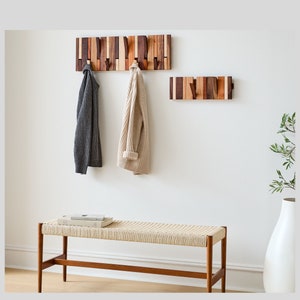 Multi Material Mixed Hardwoods Hook Rack Handmade Flip Down Coat Rack Natural Wood Coat Hanger & Backpack Holder image 1