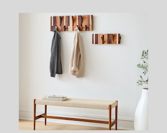 Multi Material Mixed Hardwoods Hook Rack| Handmade Flip Down Coat Rack| Natural Wood Coat Hanger & Backpack Holder