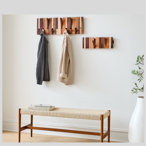 Multi Material Mixed Hardwoods Hook Rack| Handmade Flip Down Coat Rack| Natural Wood Coat Hanger & Backpack Holder