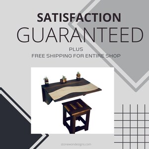 May include: A dark wood folding wall table with a light wood top and a wavy design. The table is set up with three small potted plants. The table is accompanied by a matching dark wood stool. The text "SATISFACTION GUARANTEED PLUS FREE SHIPPING FOR ENTIRE SHOP" is displayed above the table.