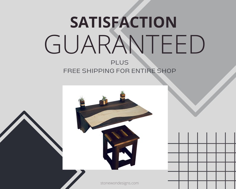 May include: A dark wood folding wall table with a light wood top and a wavy design. The table is set up with three small potted plants. The table is accompanied by a matching dark wood stool. The text "SATISFACTION GUARANTEED PLUS FREE SHIPPING FOR ENTIRE SHOP" is displayed above the table.