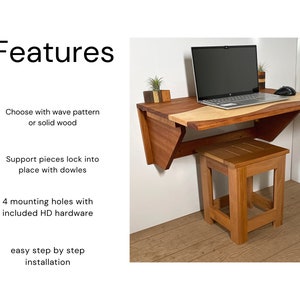 May include: A wooden wall-mounted desk with a laptop, mouse, and two small potted plants. The desk has a wave pattern and is supported by dowels. It has four mounting holes with included hardware. The desk is shown with a wooden stool.
