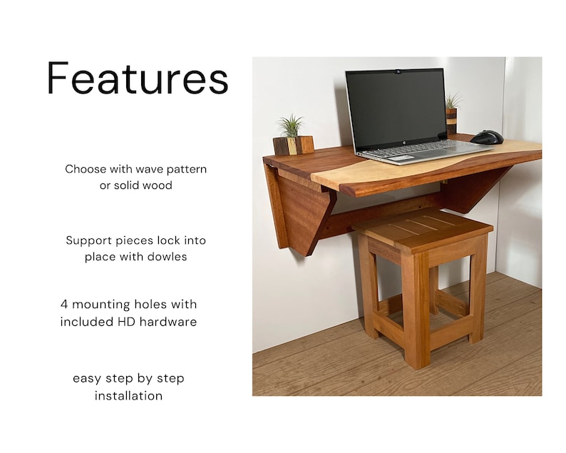 May include: A wooden wall-mounted desk with a laptop, mouse, and two small potted plants. The desk has a wave pattern and is supported by dowels. It has four mounting holes with included hardware. The desk is shown with a wooden stool.