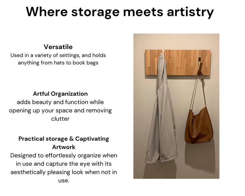 May include: A wooden wall-mounted coat rack with a light brown finish. The rack has multiple hooks and is holding a light gray jacket and a brown leather bag.