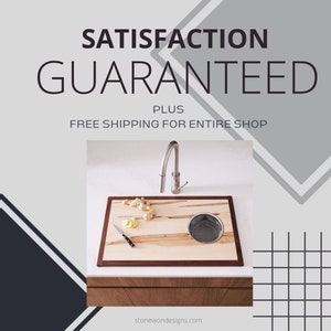 May include: A wooden chopping board with a built-in sink and a stainless steel tap. The chopping board is made of maple wood with a natural finish. The sink is made of stainless steel and has a round shape. The tap is made of stainless steel and has a single handle. The chopping board is sitting on a white worktop. The text "SATISFACTION GUARANTEED PLUS FREE SHIPPING FOR ENTIRE SHOP" is displayed above the chopping board.