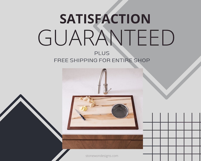 May include: A wooden chopping board with a built-in sink and a stainless steel tap. The chopping board is made of maple wood with a natural finish. The sink is made of stainless steel and has a round shape. The tap is made of stainless steel and has a single handle. The chopping board is sitting on a white worktop. The text "SATISFACTION GUARANTEED PLUS FREE SHIPPING FOR ENTIRE SHOP" is displayed above the chopping board.