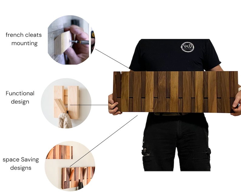 May include: A wooden wall-mounted coat rack with multiple hooks. The rack is made of natural wood with a light brown finish. The rack is shown being installed with french cleats. The rack is also shown being held by a person, demonstrating its size and functionality. The rack is a space-saving design that can be used in a variety of settings.