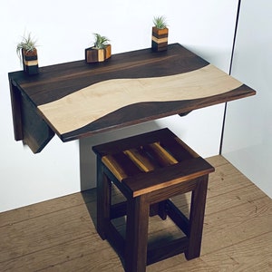 handmade wood folding wall mounted desk with walnut stool- maple accents