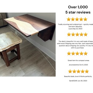 May include: A wall-mounted wooden desk with a wavy, light wood inlay. The desk is folded up and is mounted to a white wall. A small wooden stool with a cream-colored cushion sits in front of the desk. The image includes text that reads "Over 1,000 5 star reviews".