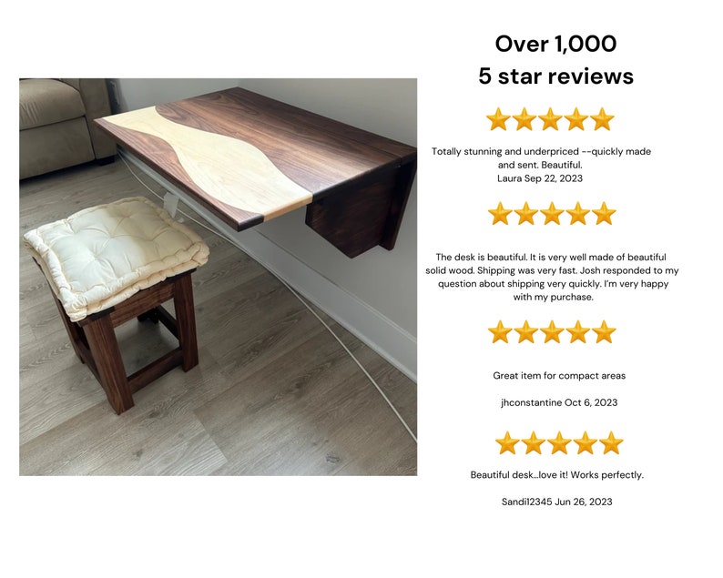 May include: A wall-mounted wooden desk with a wavy, light wood inlay. The desk is folded up and is mounted to a white wall. A small wooden stool with a cream-colored cushion sits in front of the desk. The image includes text that reads "Over 1,000 5 star reviews".