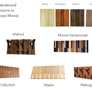 May include: Four different wood options for a coat rack: walnut, maple, mahogany, and oak/ash. The rack is shown in each wood type, as well as a mixed hardwood option.