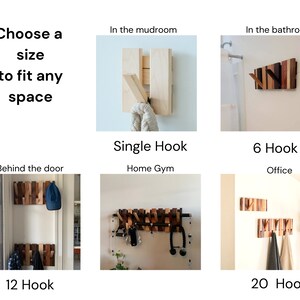 May include: A set of wooden wall hooks in various sizes, ranging from a single hook to a 20 hook option. The hooks are made of natural wood with a rustic finish. The hooks are shown mounted on walls in different locations, including a mudroom, bathroom, home gym, office, and behind a door. The text "Choose a size to fit any space" is displayed at the top of the image.