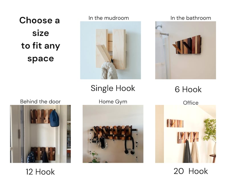 May include: A set of wooden wall hooks in various sizes, ranging from a single hook to a 20 hook option. The hooks are made of natural wood with a rustic finish. The hooks are shown mounted on walls in different locations, including a mudroom, bathroom, home gym, office, and behind a door. The text "Choose a size to fit any space" is displayed at the top of the image.