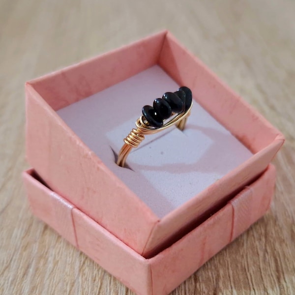 Black Tourmaline Chip Bead wirewrappedring|Crystalring|Handmadering|Gifts|ringsforwomen