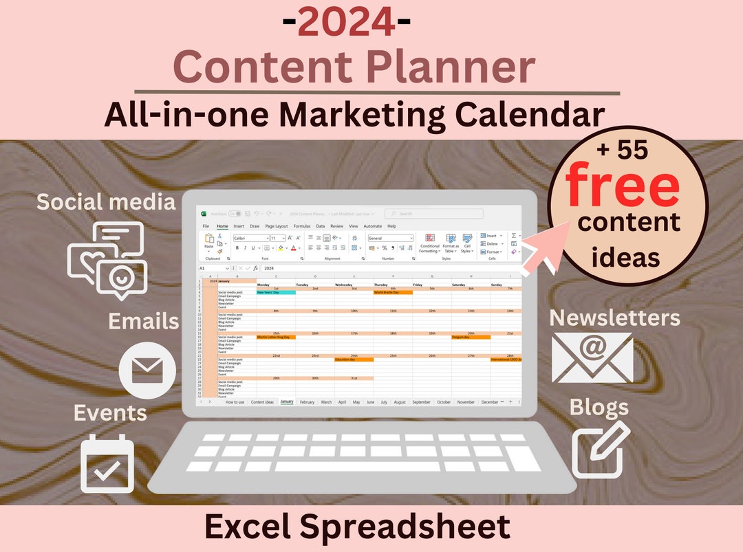 Marketing Calendar 2024 Social Media Content Planner Excel Spreadsheet