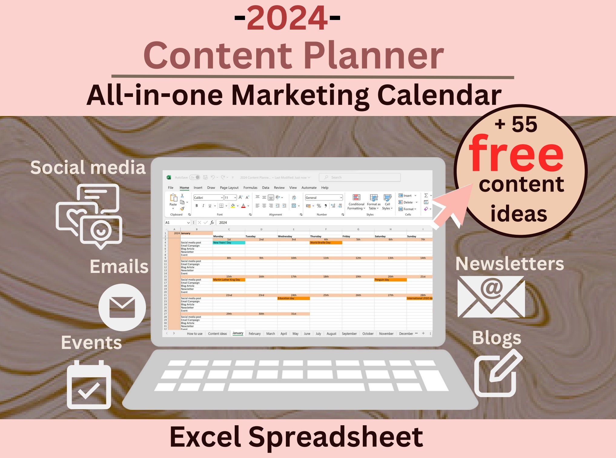 Marketing Calendar 2024 Social Media Content Planner Excel Spreadsheet