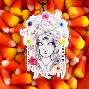 Llavero de bruja, encanto de Halloween, llavero espeluznante de bruja, encanto Kawaii, llaveros acrílicos de 3 pulgadas, llavero Wiccan
