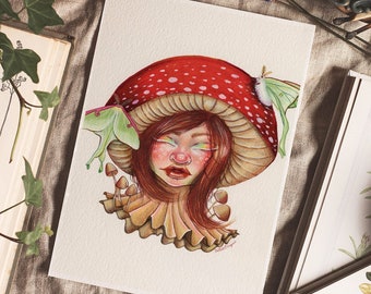 Mushroom Girl 5x7 Mini Print - Nursery Decor, Watercolor Art, Gallery Wall Art