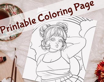 Rainbow Girl Coloring Page, Fantasy Art (Printable JPEG)