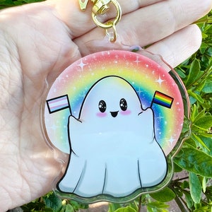 Pride Kawaii Ghost Keychain - Glitter Acrylic 3in pride Keychains, LGBTQ Keychain, Trans Keychain, Rainbow Keychain kawaii acrylic keychain