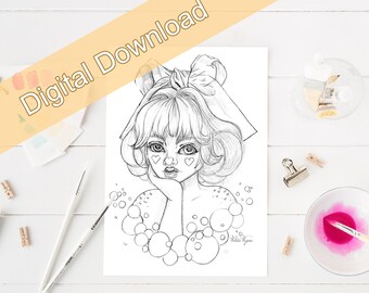 Mermaid Coloring Page: Grayscale Line Art (Digital Download)