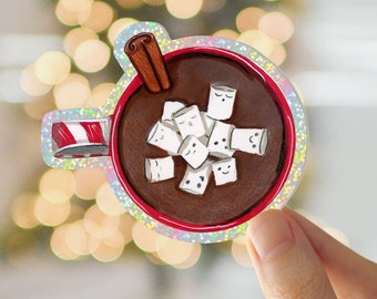 Kawaii Hot Cocoa Glitter Sticker: Marshmallow Winter Planner Accessory