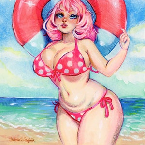 Pinup Girl Drawing, 7.9 X 7.9 inches, Ocean watercolor paintings, Beach original art, Curvy Girl Drawing, fantasy, whimsical, illustration